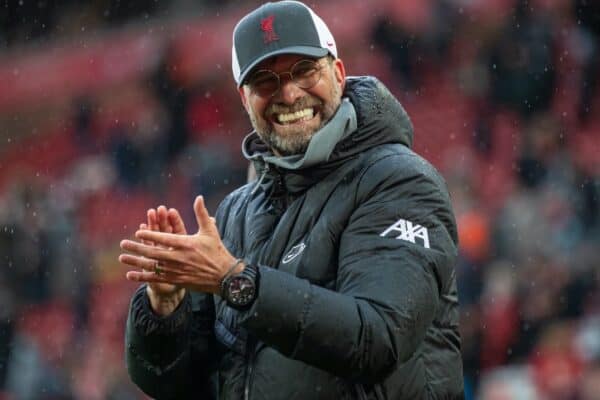 LIVERPOOL, ENGLAND - Sunday, May 23, 2021: Liverpool manager Jürgen Klopp applauds the supporters on a lap of honour after the final FA Premier League match between Liverpool FC and Crystal Palace FC at Anfield. Liverpool won 2-0 and finished 3rd in the table. (Pic by David Rawcliffe/Propaganda)