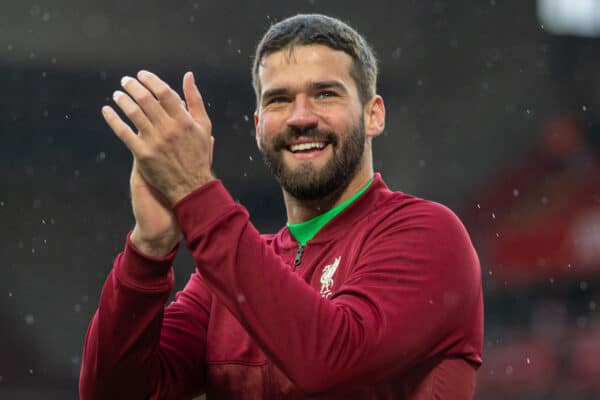 LIVERPOOL, ENGLAND - Sunday, May 23, 2021: Liverpool's goalkeeper Alisson Becker applauds the supporters on a lap of honour after the final FA Premier League match between Liverpool FC and Crystal Palace FC at Anfield. Liverpool won 2-0 and finished 3rd in the table. (Pic by David Rawcliffe/Propaganda)