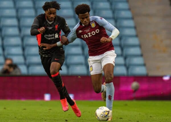 BIRMINGHAM, ENGLAND - Monday, May 24, 2021: Liverpool's James Balagizi (L) and Aston Villa's Carney Chukwuemeka during the FA Youth Cup Final match between Aston Villa FC Under-18's and Liverpool FC Under-18's at Villa Park. Aston Villa won 2-1. (Pic by David Rawcliffe/Propaganda)