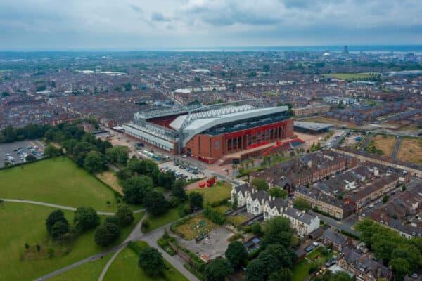 LIVERPOOL, ENGLAND - Thursday, July 8, 2021: An aerial view of Anfield, the home stadium of Liverpool Football Club, with Stanley Park to the right. (Pic by David Rawcliffe/Propaganda)