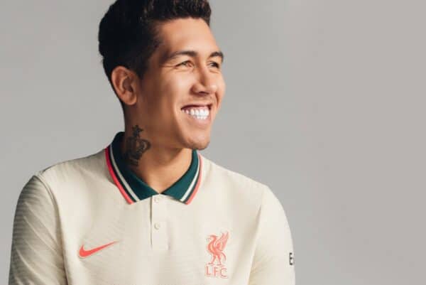 LIVERPOOL, ENGLAND - Thursday, July 8, 2021: Roberto Firmino models the new Liverpool FC Nike away kit for the 2021/22 season. (© Liverpool FC)