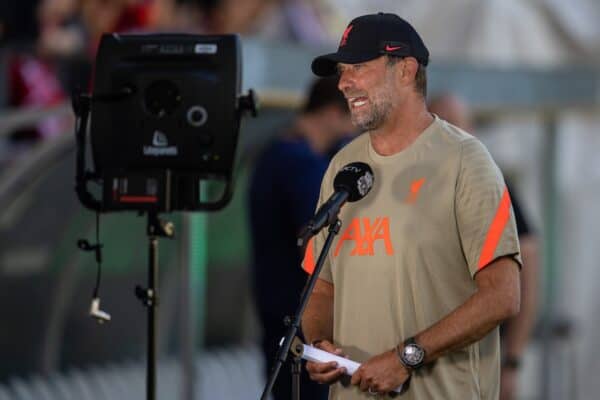 INNSBRUCK, AUSTRIA - Thursday, July 29, 2021: Liverpool's manager Jürgen Klopp speaks to LFC.TV before a pre-season friendly match between Liverpool FC and Hertha BSC at the Tivoli Stadion. Liverpool lost 4-3. (Pic by Jürgen Faichter/Propaganda)