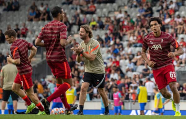 INNSBRUCK, AUSTRIA - Thursday, July 29, 2021: Liverpool's Trent Alexander-Arnold during the pre-match warm-up before a pre-season friendly match between Liverpool FC and Hertha BSC at the Tivoli Stadion. Liverpool lost 4-3. (Pic by Jürgen Faichter/Propaganda)