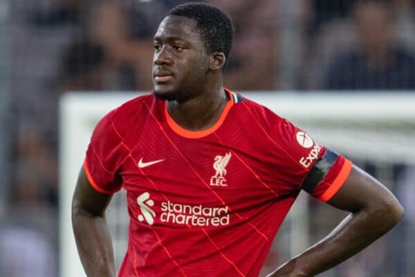 INNSBRUCK, AUSTRIA - Thursday, July 29, 2021: Liverpool's Ibrahima Konaté looks dejected as Hertha BSC score the second goal during a pre-season friendly match between Liverpool FC and Hertha BSC at the Tivoli Stadion. Liverpool lost 4-3. (Pic by Jürgen Faichter/Propaganda)