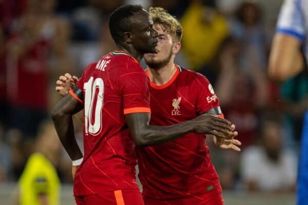 INNSBRUCK, AUSTRIA - Thursday, July 29, 2021: Liverpool's Sadio Mané (L) celebrates with team-mate Harvey Elliott after scoring the his side's first goal during a pre-season friendly match between Liverpool FC and Hertha BSC at the Tivoli Stadion. Liverpool lost 4-3. (Pic by Jürgen Faichter/Propaganda)