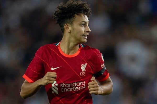 INNSBRUCK, AUSTRIA - Thursday, July 29, 2021: Liverpool's Kaide Gordon during a pre-season friendly match between Liverpool FC and Hertha BSC at the Tivoli Stadion. Liverpool lost 4-3. (Pic by Jürgen Faichter/Propaganda)