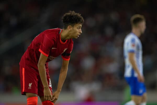 INNSBRUCK, AUSTRIA - Thursday, July 29, 2021: Liverpool's Kaide Gordon during a pre-season friendly match between Liverpool FC and Hertha BSC at the Tivoli Stadion. Liverpool lost 4-3. (Pic by Jürgen Faichter/Propaganda)