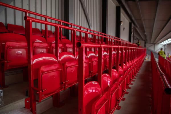 LIVERPOOL, ENGLAND - Thursday, August 5, 2021: Rail seats are installed in the Spion Kop as part of a nationwide trial by the Premier League. (Pic by David Rawcliffe/Propaganda)