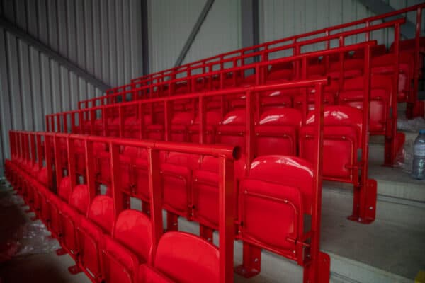 LIVERPOOL, ENGLAND - Thursday, August 5, 2021: Rail seats are installed in the Spion Kop as part of a nationwide trial by the Premier League. (Pic by David Rawcliffe/Propaganda)