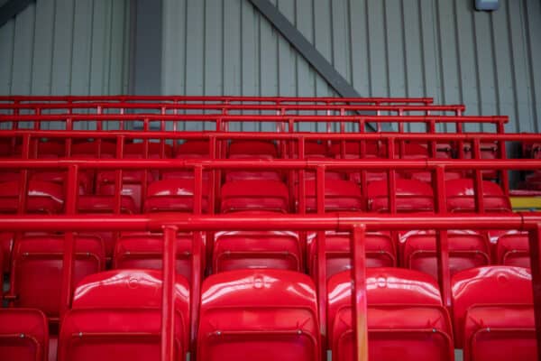 LIVERPOOL, ENGLAND - Thursday, August 5, 2021: Rail seats are installed in the Spion Kop as part of a nationwide trial by the Premier League. (Pic by David Rawcliffe/Propaganda)