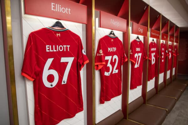 Anfield, changing room, matchday, Elliot squad. (Pic by David Rawcliffe/Propaganda)