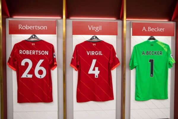 Anfield, changing room, matchday, Van Dijk, Robertson, Alisson shirts. (Pic by David Rawcliffe/Propaganda)