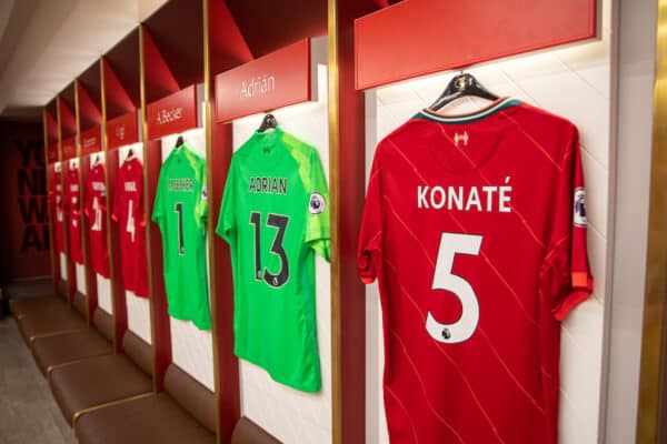 LIVERPOOL, ENGLAND - Thursday, August 5, 2021: Liverpool players' shirts, including Ibrahima Konaté, hanging in the dressing room at Anfield on display as part of the official stadium tour. (Pic by David Rawcliffe/Propaganda)