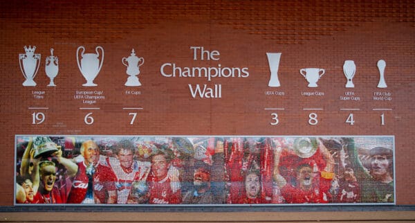 LIVERPOOL, ENGLAND - Thursday, August 5, 2021: The Champions Wall at Anfield. A mosaic of photographs of Liverpool supporters. (Pic by David Rawcliffe/Propaganda)