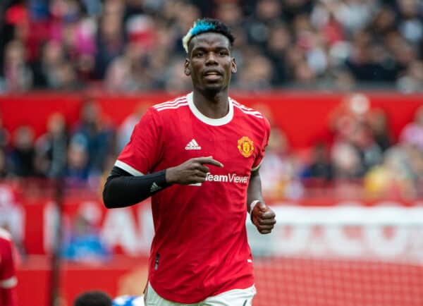 MANCHESTER, ENGLAND - Saturday, August 7, 2021: Manchester United's Paul Pogba, with dyed blue and white hair, during a pre-season friendly match between Manchester United FC and Everton FC at Old Trafford. (Pic by David Rawcliffe/Propaganda)