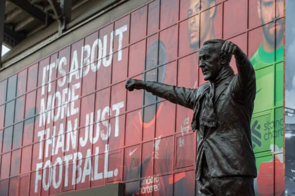 LIVERPOOL, ENGLAND - Sunday, August 8, 2021: A statue of former Liverpool manager Bill Shankly in front of branding "It's about more than just football" pictured before a pre-season friendly match between Liverpool FC and Athletic Club de Bilbao at Anfield. The game ended in a 1-1 draw. (Pic by David Rawcliffe/Propaganda)