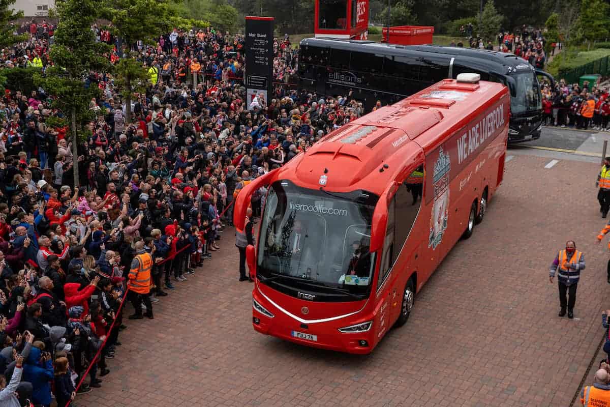 LIVERPOOL, ENGLAND - Sunday, August 8, 2021: Supporters look on as the Liverpool team bus arrives before a pre-season friendly match between Liverpool FC and Athletic Club de Bilbao at Anfield. The game ended in a 1-1 draw. (Pic by David Rawcliffe/Propaganda)