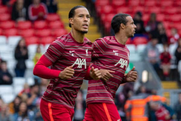 LIVERPOOL, ENGLAND - Sunday, August 8, 2021: Liverpool's Virgil van Dijk during the pre-match warm-up before a pre-season friendly match between Liverpool FC and Athletic Club de Bilbao at Anfield. The game ended in a 1-1 draw. (Pic by David Rawcliffe/Propaganda)