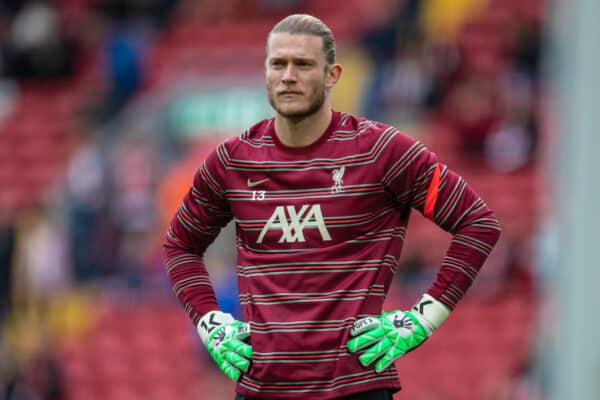 LIVERPOOL, ENGLAND - Sunday, August 8, 2021: Liverpool's goalkeeper Loris Karius during the pre-match warm-up before a pre-season friendly match between Liverpool FC and Athletic Club de Bilbao at Anfield. The game ended in a 1-1 draw. (Pic by David Rawcliffe/Propaganda)