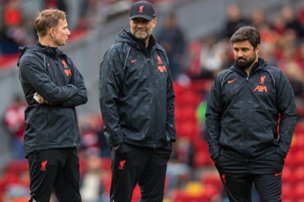 LIVERPOOL, ENGLAND - Sunday, August 8, 2021: Liverpool's manager Jürgen Klopp (C) with first-team development coach Pepijn Lijnders (L) and elite development coach Vitor Matos (R) during the pre-match warm-up before a pre-season friendly match between Liverpool FC and Athletic Club de Bilbao at Anfield. The game ended in a 1-1 draw. (Pic by David Rawcliffe/Propaganda)