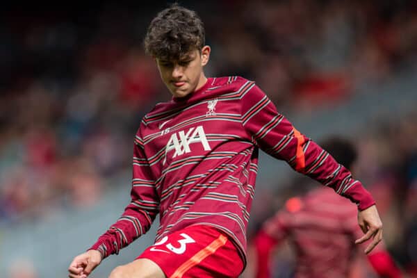 LIVERPOOL, ENGLAND - Sunday, August 8, 2021: Liverpool's Owen Beck during the pre-match warm-up before a pre-season friendly match between Liverpool FC and Athletic Club de Bilbao at Anfield. The game ended in a 1-1 draw. (Pic by David Rawcliffe/Propaganda)