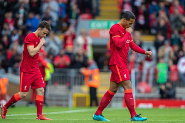 LIVERPOOL, ENGLAND - Sunday, August 8, 2021: Liverpool's Virgil van Dijk (R) Diogo Jota (L) walk out before a pre-season friendly match between Liverpool FC and Athletic Club de Bilbao at Anfield. The game ended in a 1-1 draw. (Pic by David Rawcliffe/Propaganda)