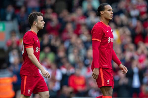 LIVERPOOL, ENGLAND - Sunday, August 8, 2021: Liverpool's Virgil van Dijk (R) Diogo Jota (L) walk out before a pre-season friendly match between Liverpool FC and Athletic Club de Bilbao at Anfield. The game ended in a 1-1 draw. (Pic by David Rawcliffe/Propaganda)