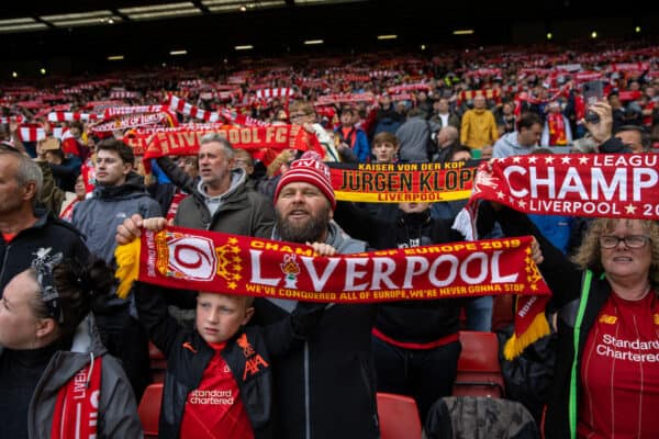 LIVERPOOL, ENGLAND - Sunday, August 8, 2021: Liverpool supporters on the Spion Kop hold up scarves and sing "You'll Never Walk Alone" before a pre-season friendly match between Liverpool FC and Athletic Club de Bilbao at Anfield. The game ended in a 1-1 draw. (Pic by David Rawcliffe/Propaganda)