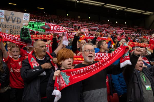 LIVERPOOL, ENGLAND - Sunday, August 8, 2021: Liverpool supporters on the Spion Kop hold up scarves and sing "You'll Never Walk Alone" before a pre-season friendly match between Liverpool FC and Athletic Club de Bilbao at Anfield. The game ended in a 1-1 draw. (Pic by David Rawcliffe/Propaganda)