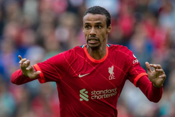 LIVERPOOL, ENGLAND - Sunday, August 8, 2021: Liverpool's Joel Matip during a pre-season friendly match between Liverpool FC and Athletic Club de Bilbao at Anfield. The game ended in a 1-1 draw. (Pic by David Rawcliffe/Propaganda)