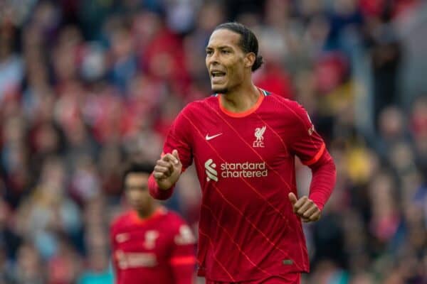 LIVERPOOL, ENGLAND - Sunday, August 8, 2021: Liverpool's Virgil van Dijk during a pre-season friendly match between Liverpool FC and Athletic Club de Bilbao at Anfield. The game ended in a 1-1 draw. (Pic by David Rawcliffe/Propaganda)