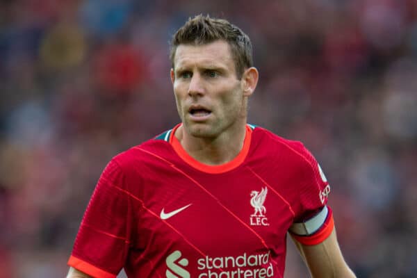 LIVERPOOL, ENGLAND - Sunday, August 8, 2021: Liverpool's James Milner during a pre-season friendly match between Liverpool FC and Athletic Club de Bilbao at Anfield. The game ended in a 1-1 draw. (Pic by David Rawcliffe/Propaganda)