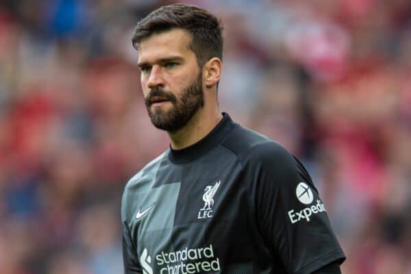 LIVERPOOL, ENGLAND - Sunday, August 8, 2021: Liverpool's goalkeeper Alisson Becker during a pre-season friendly match between Liverpool FC and Athletic Club de Bilbao at Anfield. The game ended in a 1-1 draw. (Pic by David Rawcliffe/Propaganda)