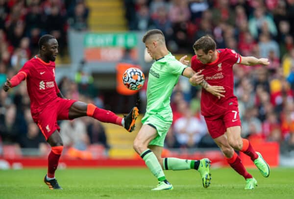 LIVERPOOL, ENGLAND - Sunday, August 8, 2021: Athletic Club Bilbao's Oihan Sancet (C) is challenged by Liverpool's Naby Keita (L) and James Milner (R) during a pre-season friendly match between Liverpool FC and Athletic Club de Bilbao at Anfield. The game ended in a 1-1 draw. (Pic by David Rawcliffe/Propaganda)