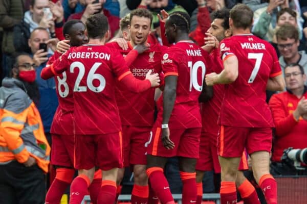 LIVERPOOL, ENGLAND - Sunday, August 8, 2021: Liverpool's Diogo Jota (C) celebrates with team-mates after scoring the first goal during a pre-season friendly match between Liverpool FC and Athletic Club de Bilbao at Anfield. The game ended in a 1-1 draw. (Pic by David Rawcliffe/Propaganda)