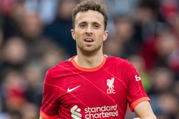 LIVERPOOL, ENGLAND - Sunday, August 8, 2021: Liverpool's Diogo Jota during a pre-season friendly match between Liverpool FC and Athletic Club de Bilbao at Anfield. The game ended in a 1-1 draw. (Pic by David Rawcliffe/Propaganda)