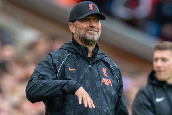 LIVERPOOL, ENGLAND - Sunday, August 8, 2021: Liverpool's manager Jürgen Klopp during a pre-season friendly match between Liverpool FC and Athletic Club de Bilbao at Anfield. The game ended in a 1-1 draw. (Pic by David Rawcliffe/Propaganda)