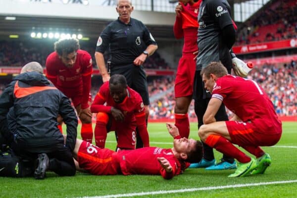 LIVERPOOL, ENGLAND - Sunday, August 8, 2021: Liverpool's Andy Robertson goes down with an injury during a pre-season friendly match between Liverpool FC and Athletic Club de Bilbao at Anfield. The game ended in a 1-1 draw. (Pic by David Rawcliffe/Propaganda)