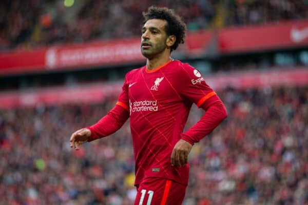 LIVERPOOL, ENGLAND - Sunday, August 8, 2021: Liverpool's Mohamed Salah during a pre-season friendly match between Liverpool FC and Athletic Club de Bilbao at Anfield. The game ended in a 1-1 draw. (Pic by David Rawcliffe/Propaganda)