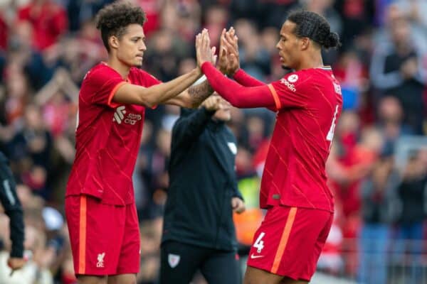 LIVERPOOL, ENGLAND - Sunday, August 8, 2021: Liverpool's Virgil van Dijk is replaced by substitute Rhys Williams during a pre-season friendly match between Liverpool FC and Athletic Club de Bilbao at Anfield. The game ended in a 1-1 draw. (Pic by David Rawcliffe/Propaganda)