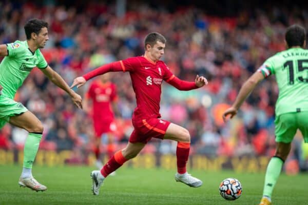 LIVERPOOL, ENGLAND - Sunday, August 8, 2021: Liverpool's Ben Woodburn during a pre-season friendly match between Liverpool FC and Athletic Club de Bilbao at Anfield. The game ended in a 1-1 draw. (Pic by David Rawcliffe/Propaganda)