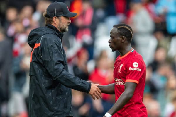 LIVERPOOL, ENGLAND - Sunday, August 8, 2021: Liverpool's manager Jürgen Klopp (L) and Sadio Mané after a pre-season friendly match between Liverpool FC and Athletic Club de Bilbao at Anfield. The game ended in a 1-1 draw. (Pic by David Rawcliffe/Propaganda)