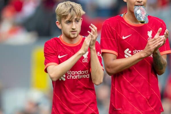 LIVERPOOL, ENGLAND - Sunday, August 8, 2021: Liverpool's Jake Cain (L) and Rhys Williams during a pre-season friendly match between Liverpool FC and Athletic Club de Bilbao at Anfield. The game ended in a 1-1 draw. (Pic by David Rawcliffe/Propaganda)