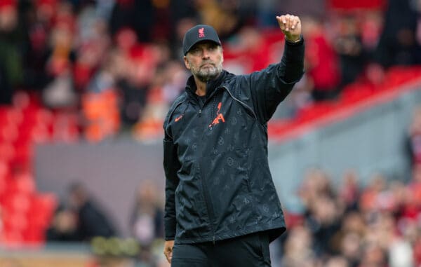 LIVERPOOL, ENGLAND - Sunday, August 8, 2021: Liverpool's manager Jürgen Klopp waves to the supporters after a pre-season friendly match between Liverpool FC and Athletic Club de Bilbao at Anfield. The game ended in a 1-1 draw. (Pic by David Rawcliffe/Propaganda)