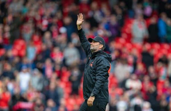 LIVERPOOL, ENGLAND - Sunday, August 8, 2021: Liverpool's manager Jürgen Klopp waves to the supporters after a pre-season friendly match between Liverpool FC and Athletic Club de Bilbao at Anfield. The game ended in a 1-1 draw. (Pic by David Rawcliffe/Propaganda)