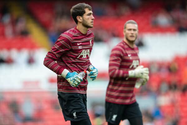 LIVERPOOL, ENGLAND - Monday, August 9, 2021: Liverpool's goalkeeper Harvey Davies during the pre-match warm-up before a pre-season friendly match between Liverpool FC and Club Atlético Osasuna at Anfield. (Pic by David Rawcliffe/Propaganda)