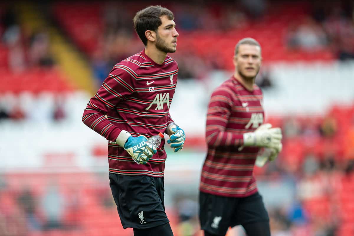LIVERPOOL, ENGLAND - Monday, August 9, 2021: Liverpool's goalkeeper Harvey Davies during the pre-match warm-up before a pre-season friendly match between Liverpool FC and Club Atlético Osasuna at Anfield. (Pic by David Rawcliffe/Propaganda)
