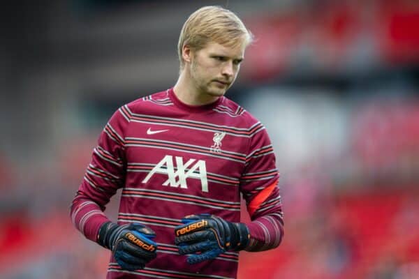 LIVERPOOL, ENGLAND - Monday, August 9, 2021: Liverpool's goalkeeper Caoimhin Kelleher during the pre-match warm-up before a pre-season friendly match between Liverpool FC and Club Atlético Osasuna at Anfield. (Pic by David Rawcliffe/Propaganda)