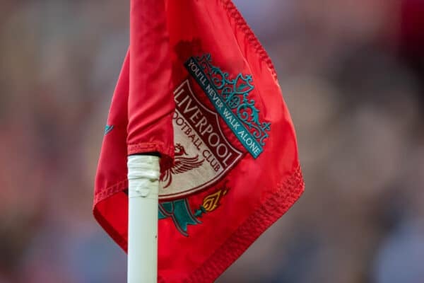 LIVERPOOL, ENGLAND - Monday, August 9, 2021: Liverpool's club crest on the corner flag during a pre-season friendly match between Liverpool FC and Club Atlético Osasuna at Anfield. (Pic by David Rawcliffe/Propaganda)