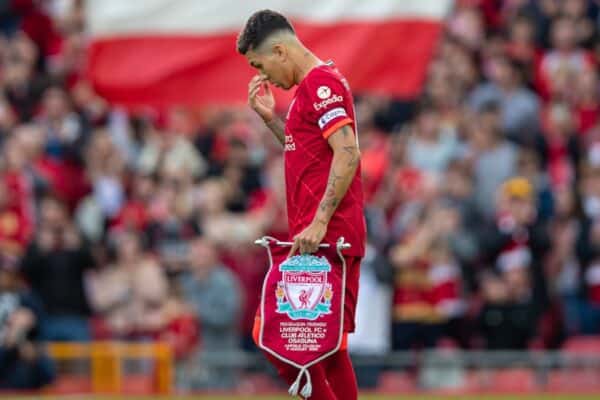 LIVERPOOL, ENGLAND - Monday, August 9, 2021: Liverpool's captain Roberto Firmino leads his side out before a pre-season friendly match between Liverpool FC and Club Atlético Osasuna at Anfield. (Pic by David Rawcliffe/Propaganda)